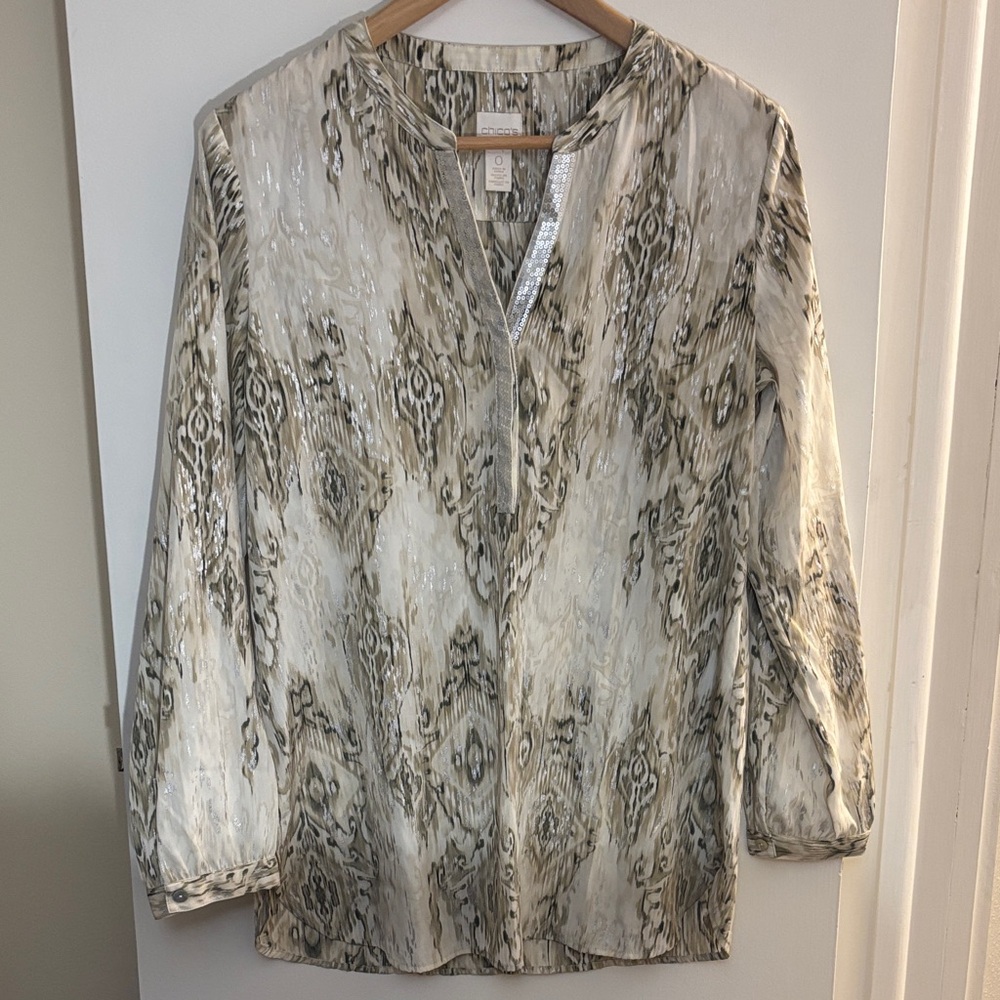 Chico's Neutral Taupe & Cream Ikat-Print Tunic Blouse Long Sleeve Professional 0